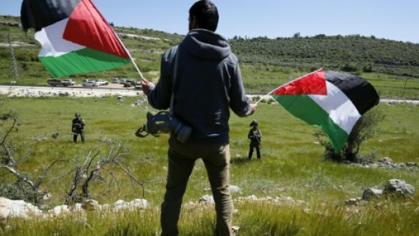 A Palestinian man holds two flags as he overlooks farmland in Gaza. (AFP/File)
