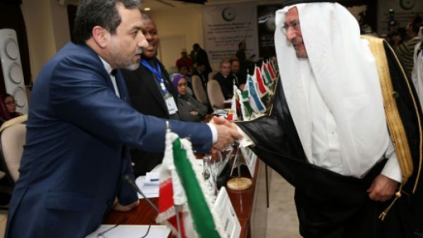 امين عام منظمة التعاون الاسلامي اياد امين مدني (يمين) مصافحا نائب وزير الخارجية الايراني عباس عراقجي
