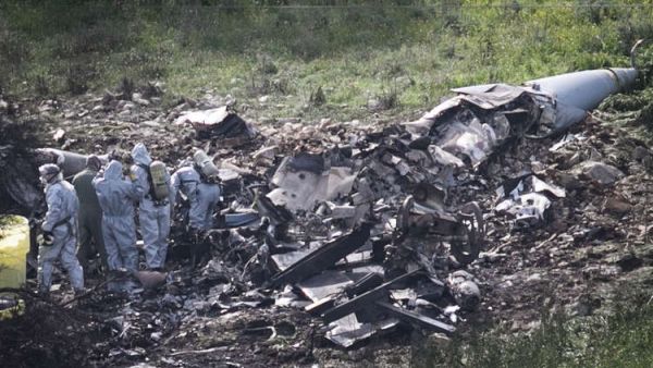 مقاتلة "F-16" الإسرائيلية التي تحطمت بعد تنفيذ غارات على مواقع عسكرية في سوريا