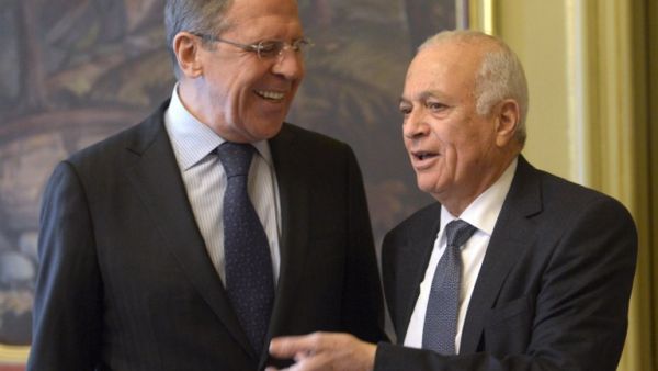 Russian Foreign Minister Sergei Lavrov (L) speaks with Arab League chief Nabil al-Arabi before the start of a Russian-Arab League meeting in Moscow. (AFP PHOTO / POOL)