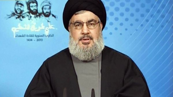 Lebanon's Hezbollah chief Hassan Nasrallah speaking during a televised address from an undisclosed location on February 16.