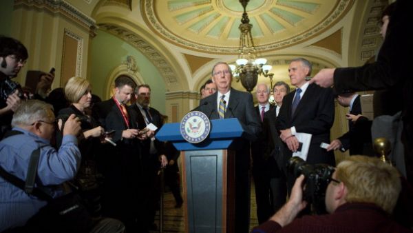 U.S. Senate minority leader Mitch McConnell (R-KY) speaks as Senate Republican leadership hold a press conference after their weekly policy luncheon in the U.S. Capitol building in Washington, DC. (Photo by Allison Shelley/Getty Images) 