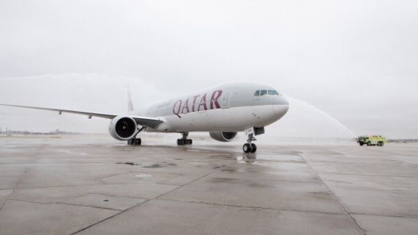 Qatar Airways' inaugural passenger flight to Chicago is welcomed by a traditional water salute at Chicago O'Hare Airport on April 10, 2013 in Chicago, Illinois. 