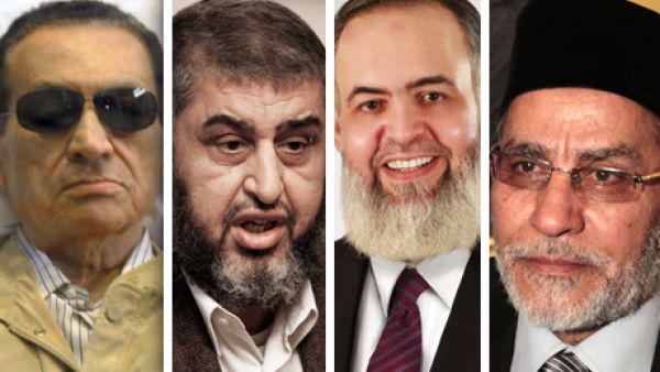 From left to right: former president Hosni Mubarak, Muslim Brotherhood Deputy Guide Khairat El-Shater, Salafist preacher Hazem Abu Ismail, Muslim Brotherhood Supreme Guide Mohamed Badei. (Photo courtesy of Ahram Online)