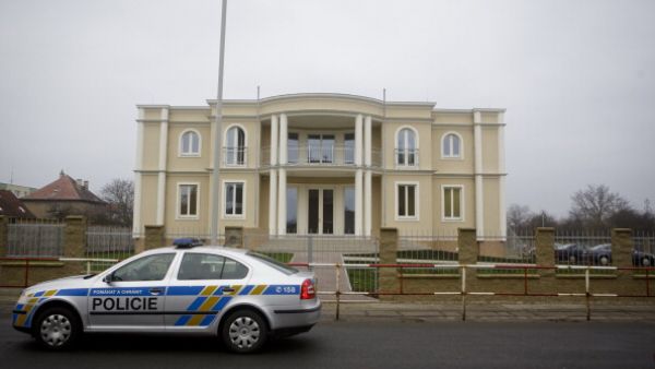 A police car passes the Palestine embassy which stands next to the residence of the late Palestinian ambassador Jamal al-Jamal on January 2, 2014 in Prague, Czech Republic.  [Getty Images]