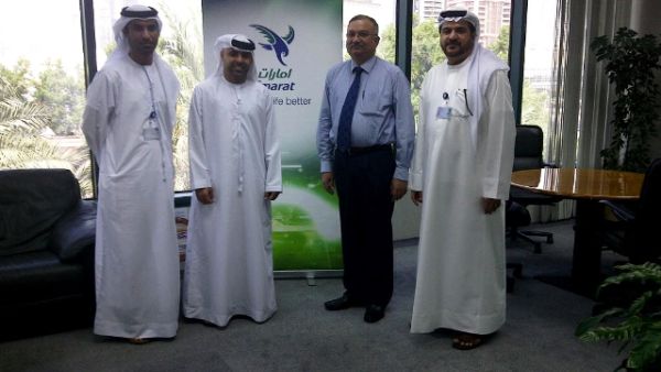 Abdulrahman Al Ali welcoming the National Air Cargo team in his office with Salem Bin Suloom