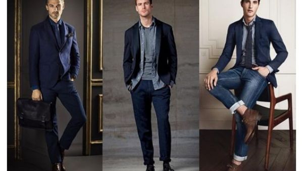 الأزرق الداكن مناسب لأيام الشتاء الباردة . من اليمين H.E Mango و Boglioli و Massimo Dutti