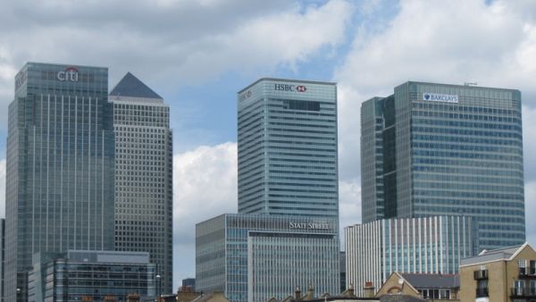 An image showing Citi, HSBC, State Street, and Barclay's buildings 