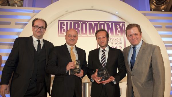 Chaouki Daker, Head of Private Banking at IBQ receiving the awards from Euromoney Chaouki Daker, Head of Private Banking at IBQ receiving the awards from Euromoney