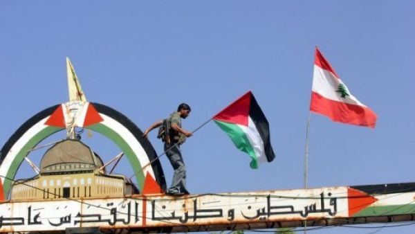 فلسطيني يعتلي لافتة في مخيم عين الحلوة