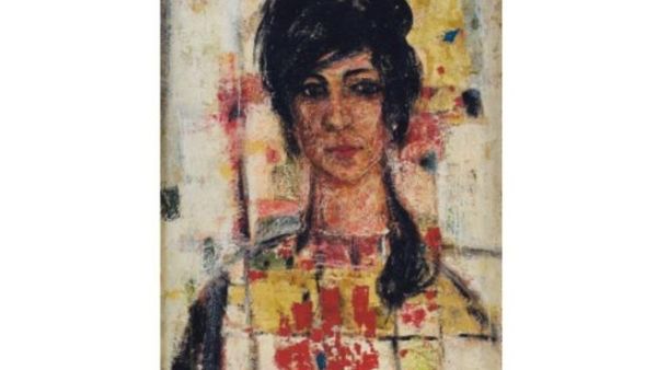 Fateh Moudaress, 'Lady with a Big Heart' (1962), oil and gold leaf-on-panel, 61 x 41cm. (Image courtesy of Christie's).