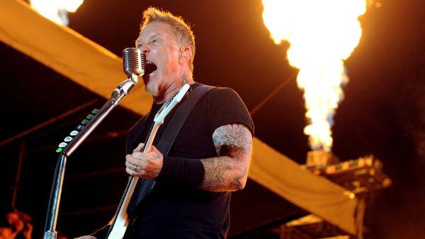 Musician James Hetfield of Metallica performs onstage.
