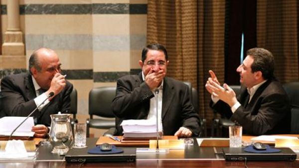 From right, Social Affairs Minister Wael Abu Faour, Agriculture Minister Hussein Hajj Hasan and Tourism Minister Fadi Abboud attend a Cabinet meeting at the Grand Serail in Beirut,