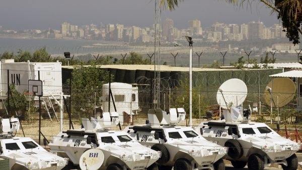 Vehicles of the United Nations Interim Force in Lebanon (UNIFIL) are parked at the Turkish engineering construction company's base on August 10, 2013 in the southern Lebanese village of Saitah. (AFP/MAHMOUD ZAYYAT)