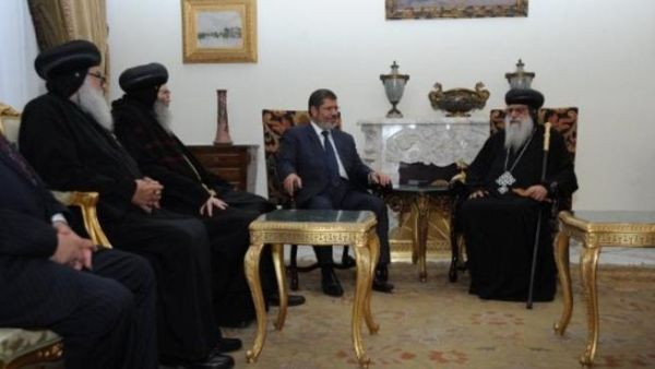 New Egyptian president Mohamed Morsi meets Coptic Bishops