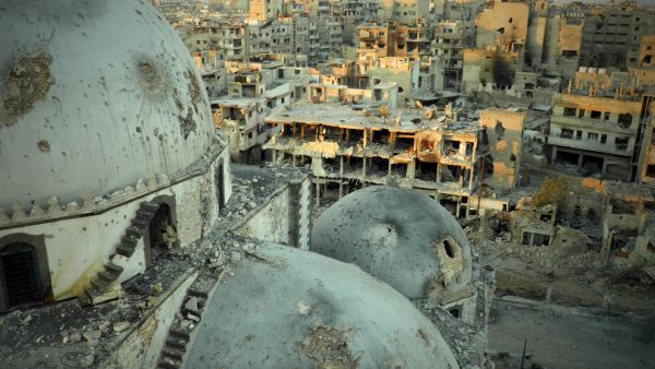 A handout image allegedly shows the Khaled bin Walid mosque, whose mausoleum has been partially destroyed in the al-Khalidiyah neighborhood of the central Syrian city of Homs. (AFP/HO/SHAAM NEWS NETWORK)