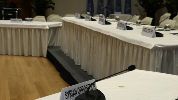 A picture taken on January 20, 2014 in Montreux shows the place of the Syrian opposition representative in the Syria peace conference room at the conference centre "Le Petit Palais", where the Geneva II talks will be held later this week. (AFP)
