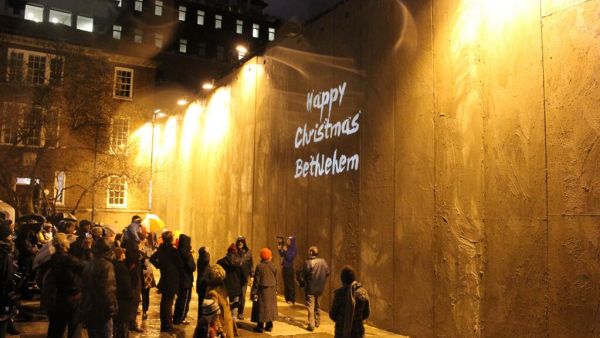 he wall deliberately obscures the facade of the historic St. James’ Church and is part of the “Bethlehem Unwrapped” festival. (Photo courtesy: Bethlehem Unwrapped)