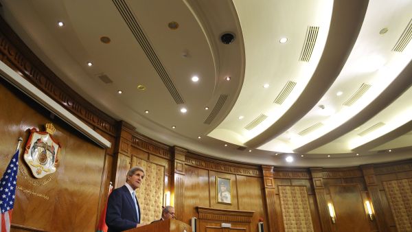 US Secretary of State John Kerry addresses reporters with Jordan's Foreign Minister Nasser Judeh on July 17 in Amman.
