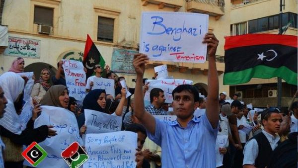 Libyans protest yesterday against killing of US officials in Benghazi