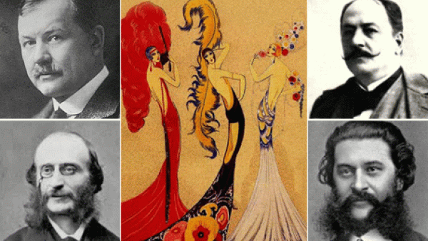 Franz Lehar (top left), Jacques Offenbach (bottom left), Louis Varney (top right), Johann Strauss II (bottom right).