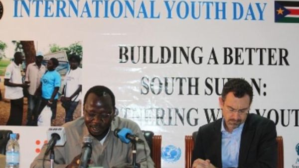 South Sudan’s youth and sports minister, Cirino Hiteng (L) and Toby Lanzer, the new UN Humanitarian Coordinator for South Sudan.