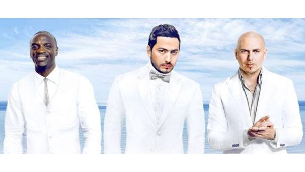 Tamer Hosny posted a picture of him alongside Akon and Pitbull on FB. (Image: Facebook)