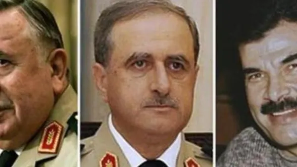 القادة العسكريون القتلى حسن التركماني ووزير الدفاع داود راجحة وآصف شوكت (من اليسار لليمين). 
