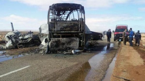 The bus (pictured above) collided with a truck as it was returning from a school athletic competition. Fourteen children were among the bus passengers. (AFP/File)