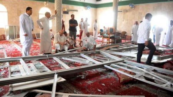Saudi residents survey the damage caused by a suicide attack on a mosque earlier this year. (Twitter)