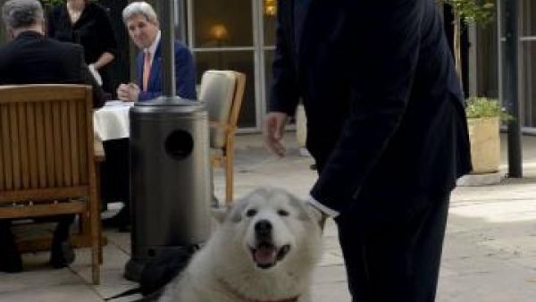 نتنياهو بجوار كلبته كايا خلال اجتماع مع وزير الخارجية الأمريكي جون كيري
