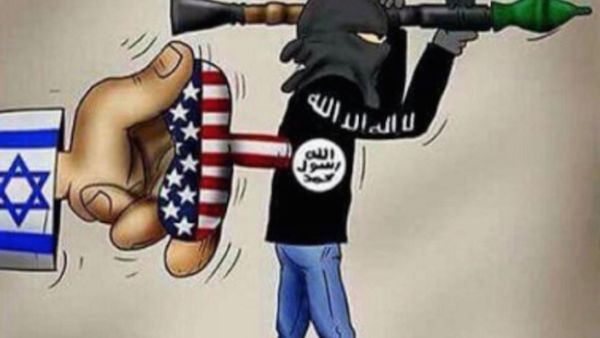 A pamphlet, believed to be from Russia, was dropped onto Syria illustrating Israel and the US-led coalition in charge of a Daesh militant. (Twitter) A pamphlet, believed to be from Russia, was dropped onto Syria illustrating Israel and the US-led coalition in charge of a Daesh militant. (Twitter)