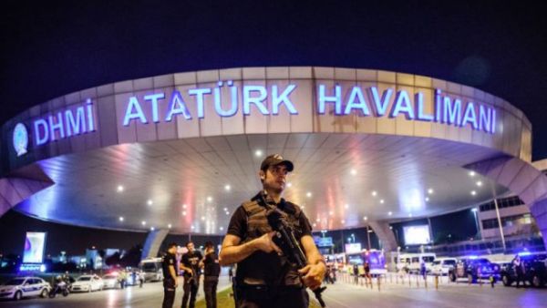 A policeman on high alert at the Istanbul Ataturk Airport after the June 28 attack (AFP)