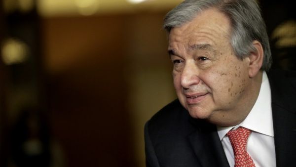 This file photo taken on April 12, 2016 shows Antonio Guterres speaking to reporters on the selection of the next UN Secretary-General at the UN headquarters in New York. (AFP/Kena Betancur)