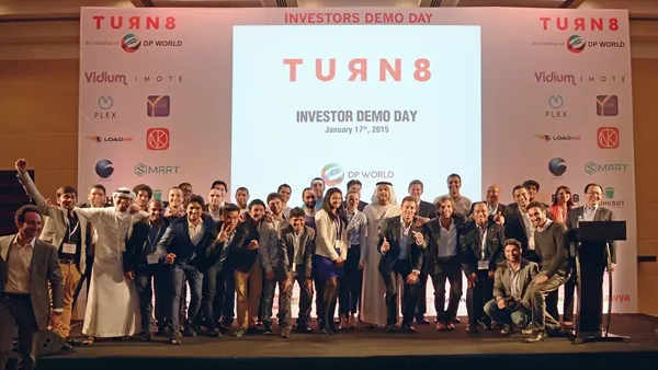 Entrepreneurs from the 10 start ups at the Turn 8 event at the Grosvenor House Hotel, Dubai