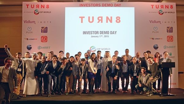 Entrepreneurs from the 10 start ups at the Turn 8 event at the Grosvenor House Hotel, Dubai