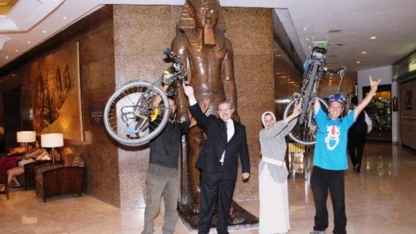 Haitham Nassar, Ramses Hilton General Manager, Medhat Samir, Director of Business Development and Maha El Kady, Public Relations Manager welcoming Tim and Fabian upon their arrival to the Ramses Hilton