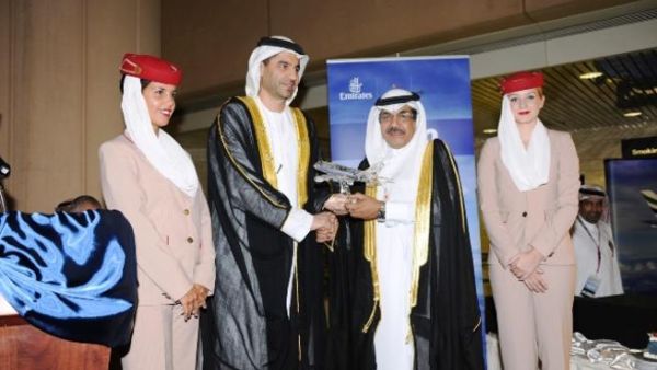 Ahmed Khoory presents Abdulla Al Tassan with a crystal Emirates A380 aircraft Ahmed Khoory presents Abdulla Al Tassan with a crystal Emirates A380 aircraft