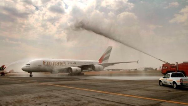The Emirates A380 greeted with the traditional water cannon salute at O R Tambo International Airport