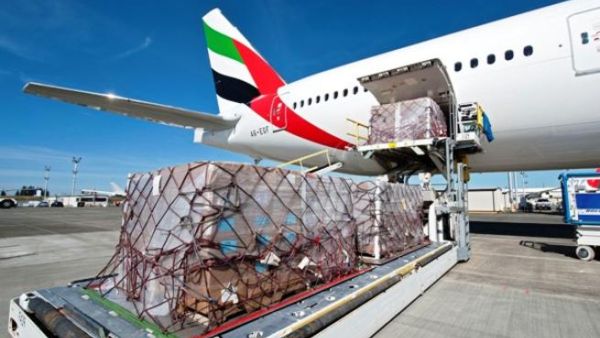 Emirates Airlines' Boeing 777-300 is loaded with relief supplies for victims of the Somalia civil war