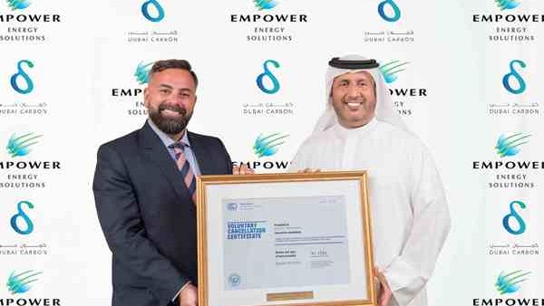 The cancellation certificate was presented to Bin Shafar by Ivano Iannelli, CEO, Dubai Carbon Centre of Excellence. The cancellation certificate was presented to Bin Shafar by Ivano Iannelli, CEO, Dubai Carbon Centre of Excellence.