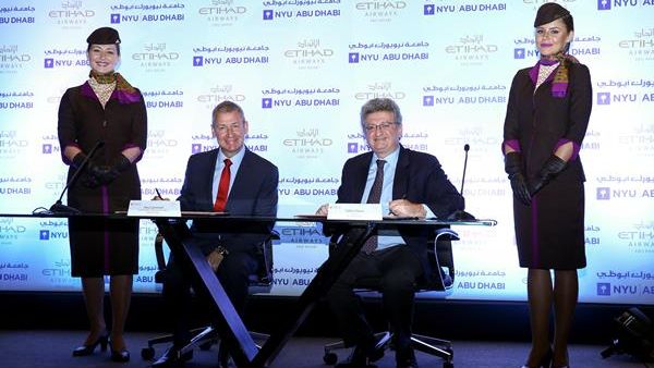 Ray Gammell, Etihad Airways’ Chief People and Performance Officer, and NYUAD Provost, Fabio Piano, celebrate the signing of the MoU between Etihad Airways and NYUAD.