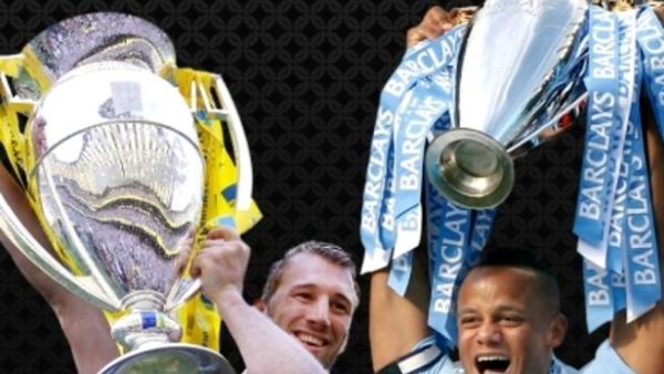 الاتحاد للطيران تحقق نصرًا مضاعفًا في بطولة أفيفا والدوري الانجليزي الممتاز للعام 2011/12: كريس روبشو كابتن فريق الهارليكينز يحمل كأس بطولة أفيفا، وفنسنت كومباني، كابتن فريق مانشستر سيتي، يحمل كأس الدوري الإنجليزي الممتاز