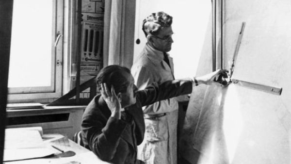 Ferdinand Porsche and engine specialist Josef Kales, 1937, in the Porsche Engineering office in Stuttgart