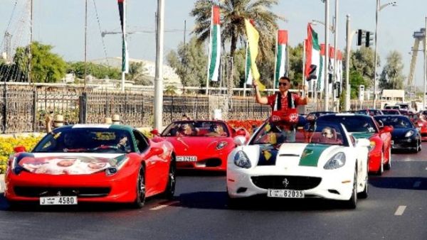 Cars were decorated with UAE flag colours and the slogan of the celebrations "the spirit of the Union" Cars were decorated with UAE flag colours and the slogan of the celebrations "the spirit of the Union"