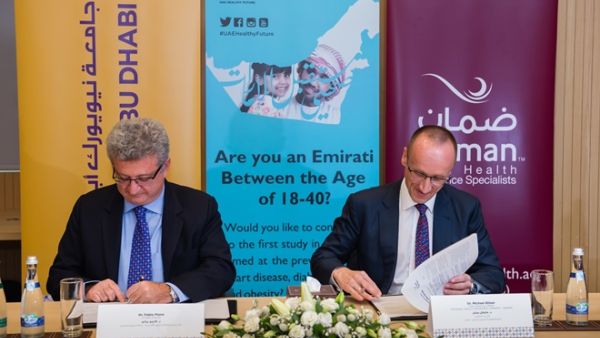 NYU Abu Dhabi and Daman collaborate on broader promotion and support of the UAE Healthy Future Study. (Pictured here: Fabio Piano, NYU Abu Dhabi and Dr. Michael Bitzer, CEO at Daman) NYU Abu Dhabi and Daman collaborate on broader promotion and support of the UAE Healthy Future Study. (Pictured here: Fabio Piano, NYU Abu Dhabi and Dr. Michael Bitzer, CEO at Daman)