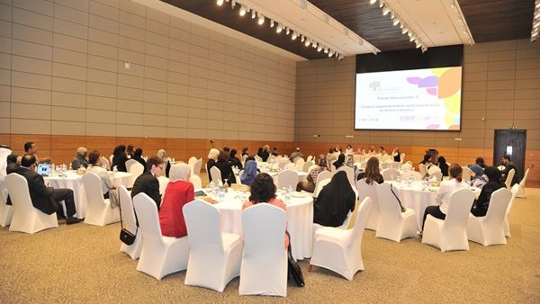 A panel discussion at the ‘Women In Science’ workshop, hosted by Qatar National Research Fund and CRDF-G.