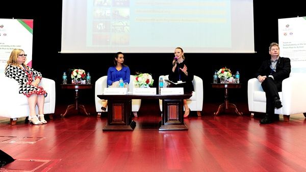 Around 150 professors, researchers, and industry experts convened at Abu Dhabi University’s Forum on “Sustainability in the UAE: From Plan to Action”. Around 150 professors, researchers, and industry experts convened at Abu Dhabi University’s Forum on “Sustainability in the UAE: From Plan to Action”.