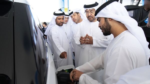 His Excellency Abdulla Nasser Al Suwaidi, CEO of Abu Dhabi National Oil Company (ADNOC) and Abdulla Salem Al Dhaheri, CEO of ADNOC Distribution during the inauguration of Rabdan service station