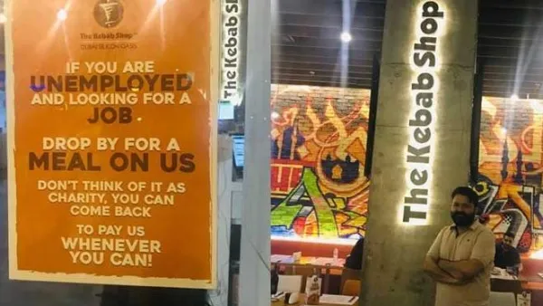 The Kebab Shop located in the Dubai Silicon Oasis has a board outside the shop that is not advertising for food but offering free meals. (KhaleejTimes)
